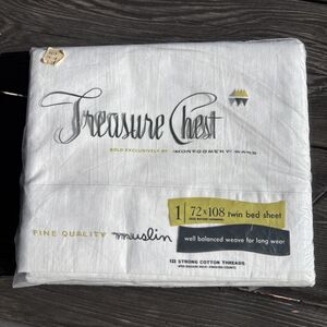 Treasure Chest Twin Muslin Bed Sheet Montgomery Ward NOS White 133 Threads/Inch